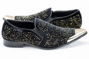 Black Velvet & Gold Jeweled Smoking Loafers With Metal Tip