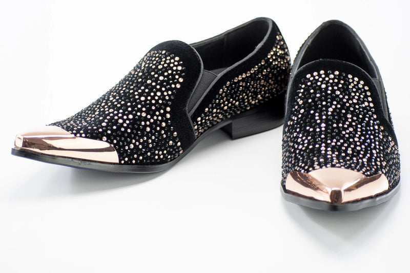 Men's Black And Gold Metal-Tipped Velvet Loafers