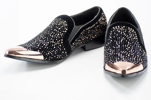 Men's Black And Gold Metal-Tipped Velvet Loafers