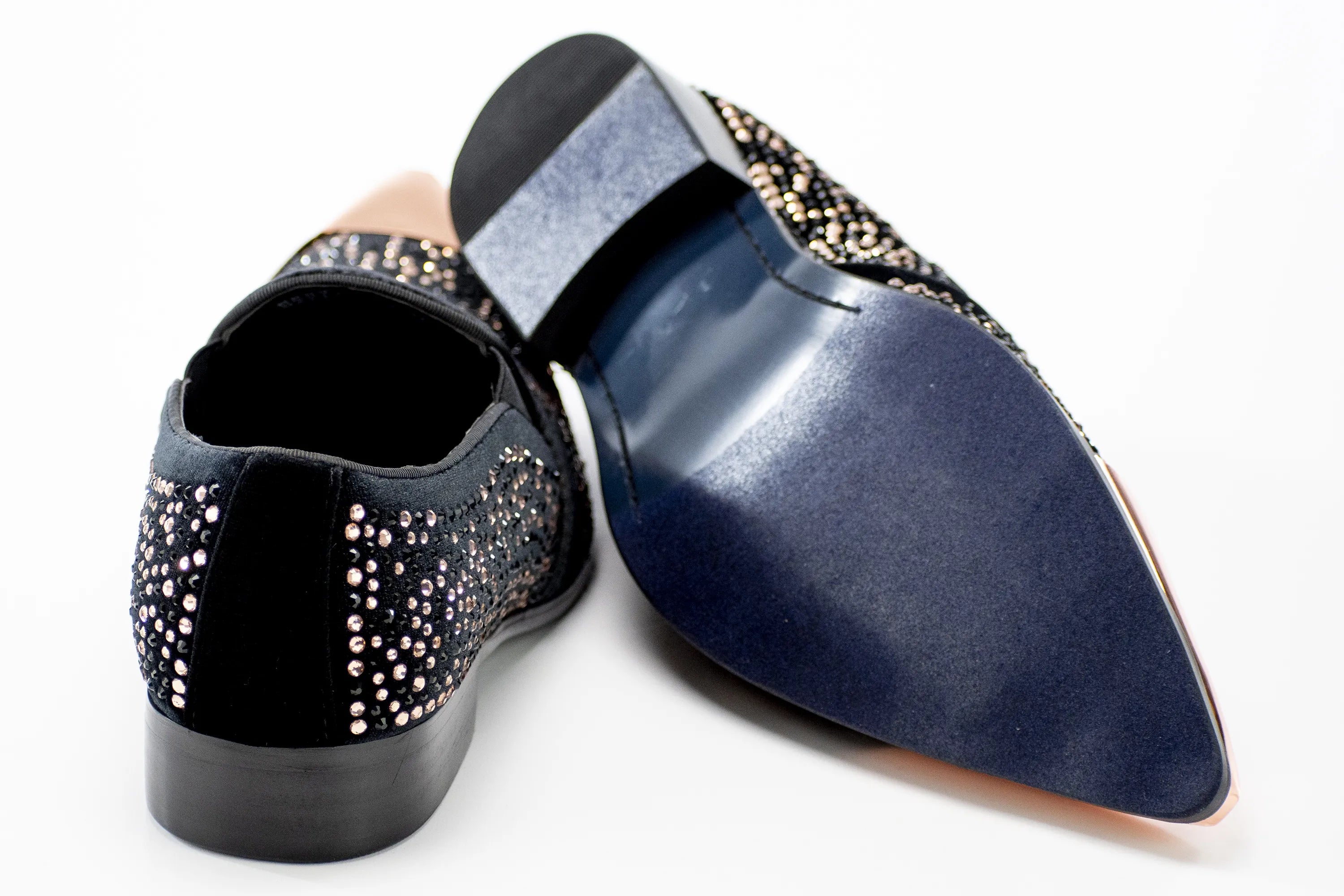 Men's Black And Gold Metal-Tipped Velvet Loafers Rear And Sole