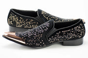 Men's Black And Gold Metal-Tipped Velvet Loafers Quarter And Heel