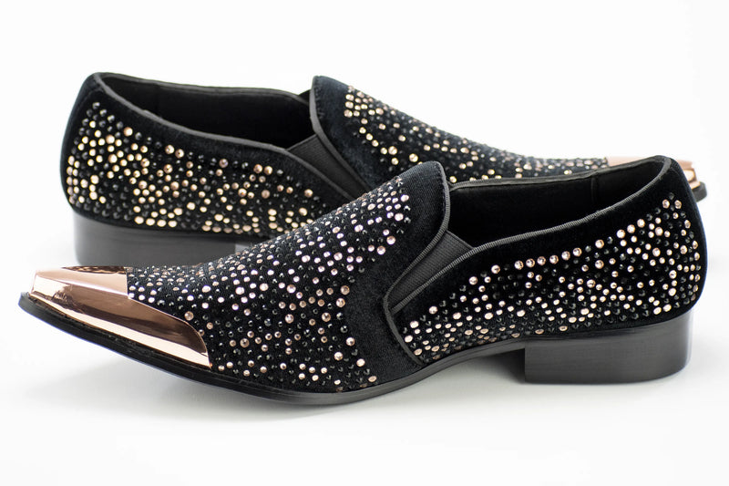 Men's Black And Gold Metal-Tipped Velvet Loafers Quarter And Heel