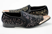 Men's Black And Gold Metal-Tipped Velvet Loafers Quarter, Heel