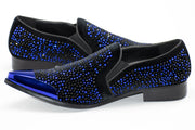 Black Velvet & Royal Blue Jeweled Smoking Loafers With Metal Tip