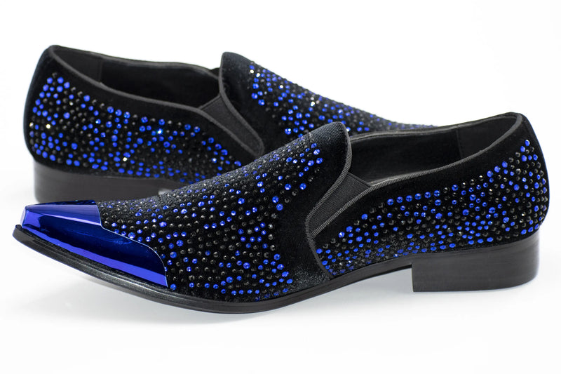 Black Velvet & Royal Blue Jeweled Smoking Loafers With Metal Tip