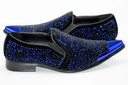 Black Velvet & Royal Blue Jeweled Smoking Loafers With Metal Tip