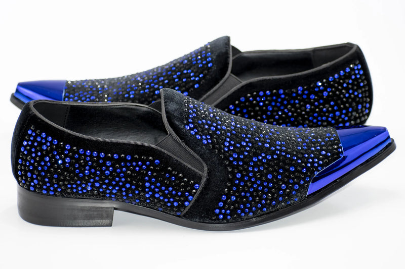 Black Velvet & Royal Blue Jeweled Smoking Loafers With Metal Tip