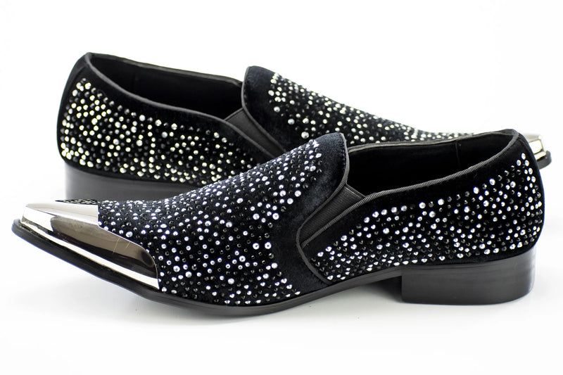 Black Velvet & Silver Jeweled Smoking Loafers With Metal Tip