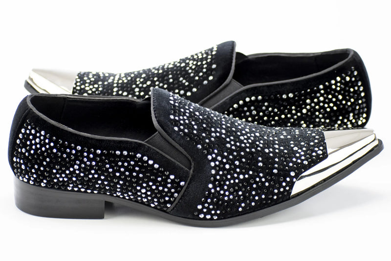 Black Velvet & Silver Jeweled Smoking Loafers With Metal Tip