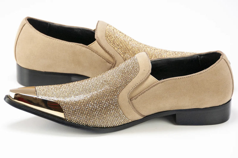Taupe Brown Rhinestone Loafer - Quarter, Heel