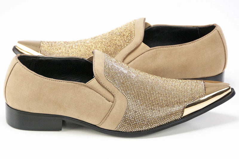 Taupe Brown Rhinestone Loafer - Quarter, Heel