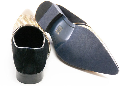 Men's Black And Gold Velvet Rhinestone Dress Shoe Metal Toe Sole
