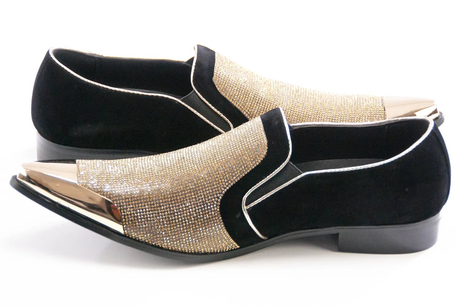 Men's Black And Gold Velvet Rhinestone Dress Shoe Metal Toe