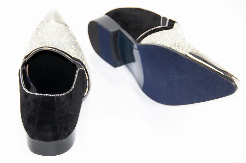 Black Velvet & Silver Rhinestone Smoking Loafers With Metal Tip