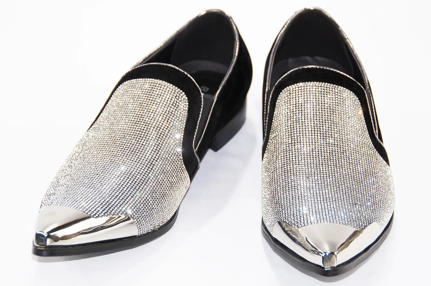 Black Velvet & Silver Rhinestone Smoking Loafers With Metal Tip