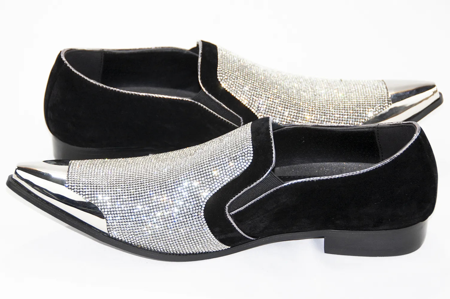 Black Velvet & Silver Rhinestone Smoking Loafers With Metal Tip