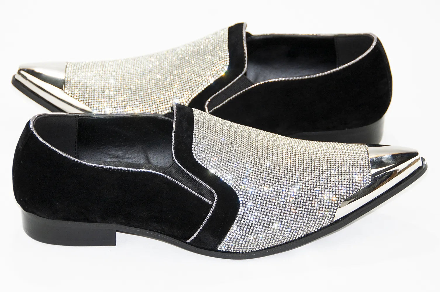 Black Velvet & Silver Rhinestone Smoking Loafers With Metal Tip