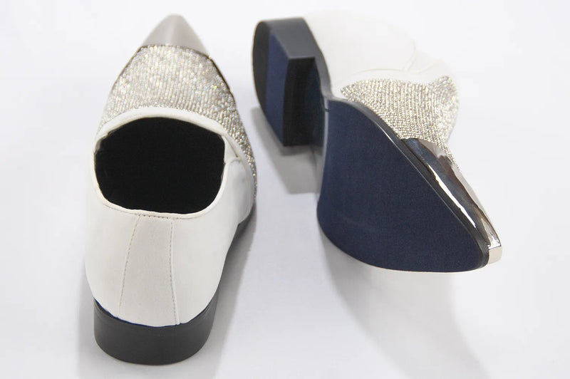 White Velvet & Silver Rhinestone Smoking Loafers With Metal Tip
