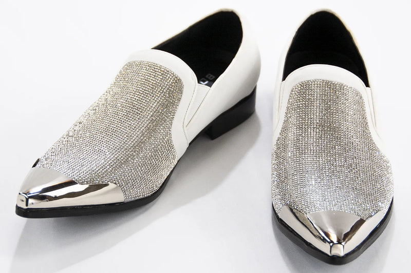 White Velvet & Silver Rhinestone Smoking Loafers With Metal Tip
