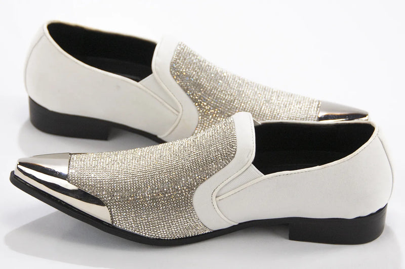 White Velvet & Silver Rhinestone Smoking Loafers With Metal Tip