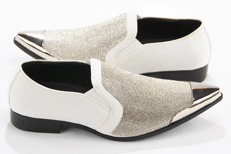 White Velvet & Silver Rhinestone Smoking Loafers With Metal Tip