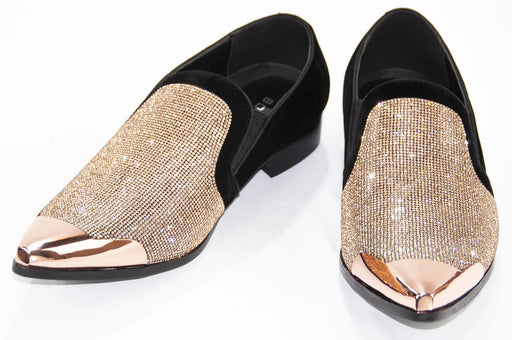 Men's Black Velvet And Gold Rhinestone Dress Loafer