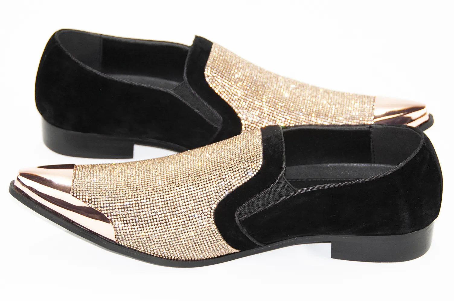 Men's Black Velvet And Gold Rhinestone Dress Loafer