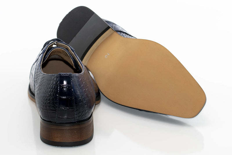 Men's Navy Blue Crocodile Skin Cap-Toe Derby Dress Shoe
