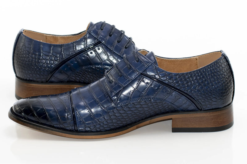Men's Navy Blue Crocodile Skin Cap-Toe Derby Dress Shoe