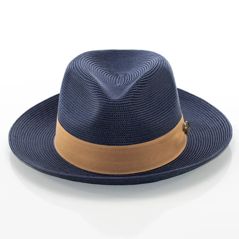 Men's Navy Blue And Camel Brown Straw Snap Brim Fedora