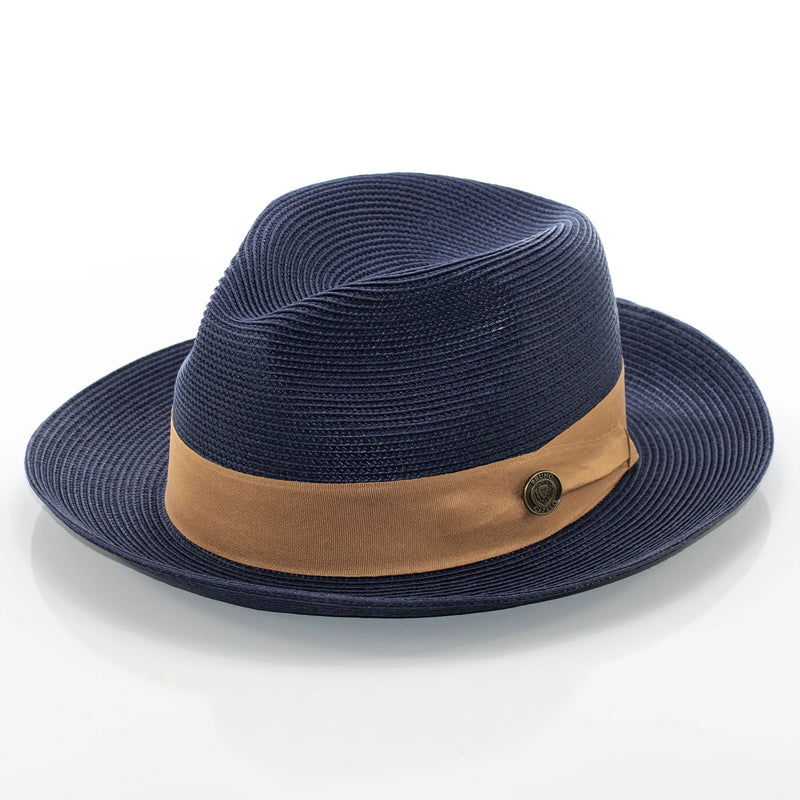 Men's Navy Blue And Camel Brown Straw Snap Brim Fedora