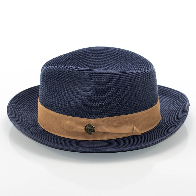 Men's Navy Blue And Camel Brown Straw Snap Brim Fedora
