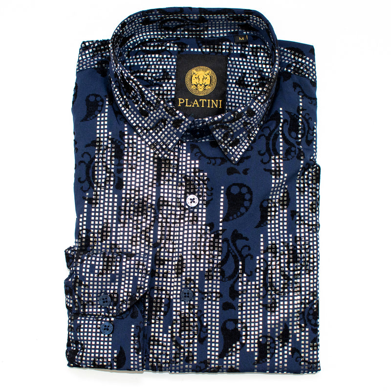 Navy And Silver Matrix Slim-Fit Dress Shirt
