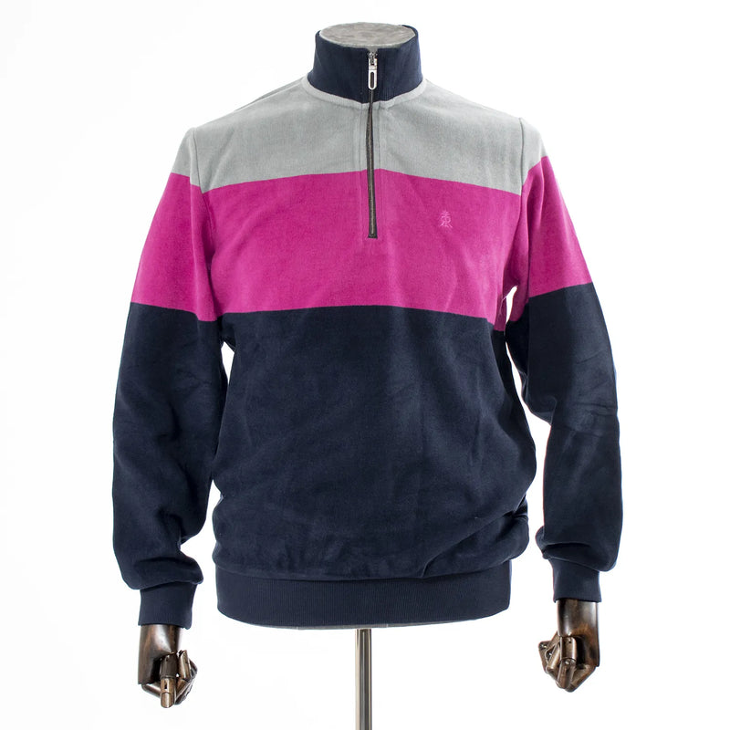 Fuchsia And Navy Quarter-Zip Mockneck Sweatshirt