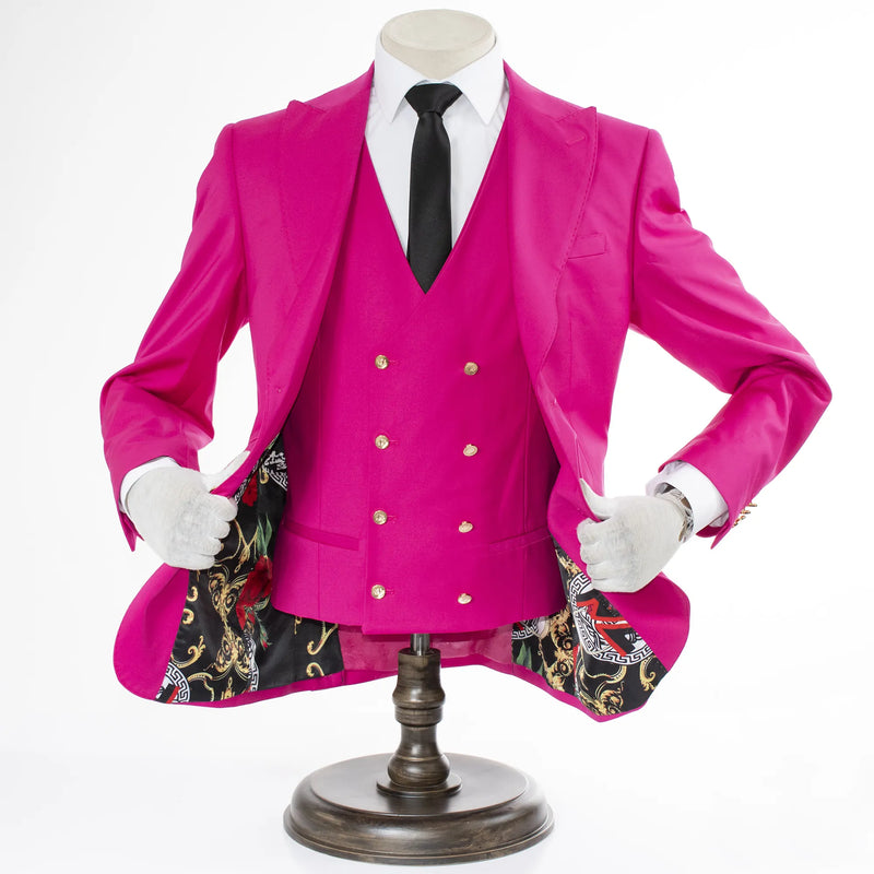 Fuchsia 3-Piece Slim-Fit Suit with Gold Buttons