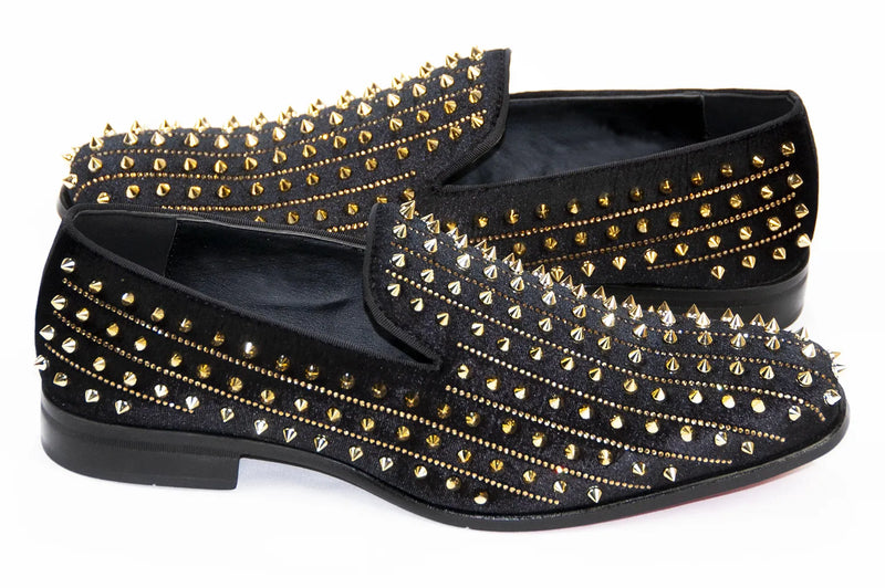 Men's Black And Gold Spiked Rhinestone Dress Loafer