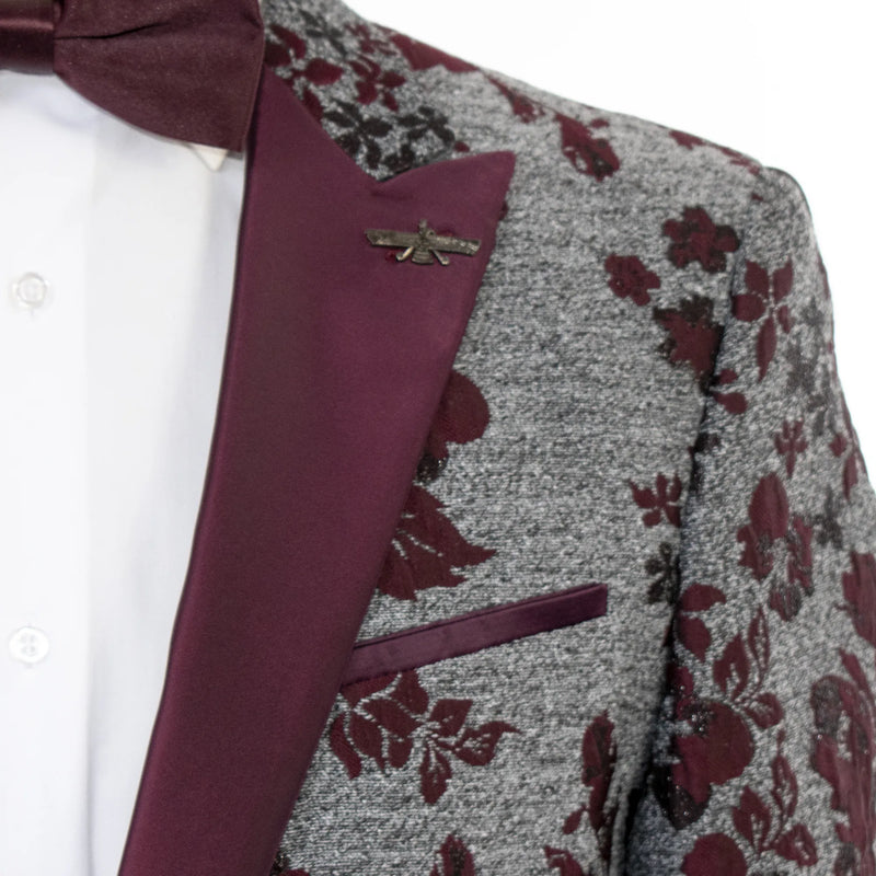 Gray And Burgundy Floral Jacket with Peak Lapels