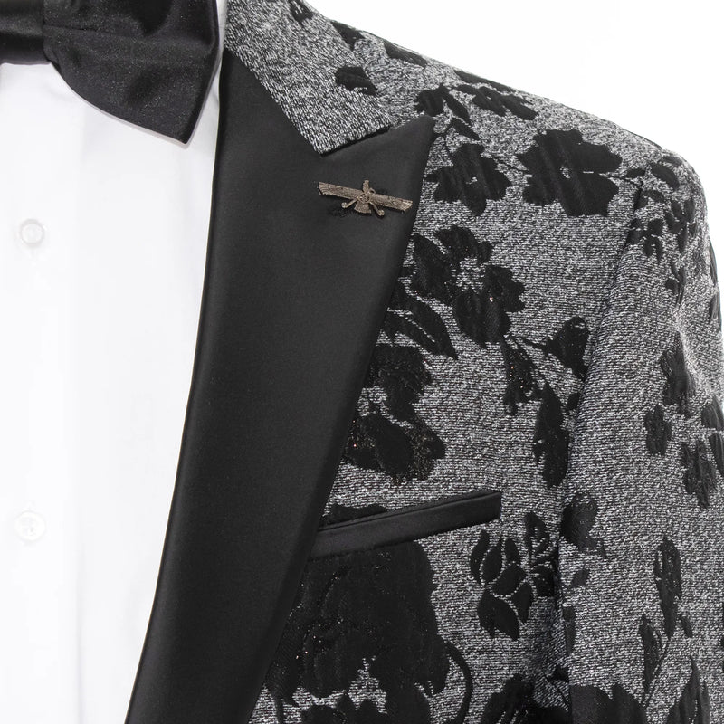 Gray And Black Floral Jacket With Peak Lapels