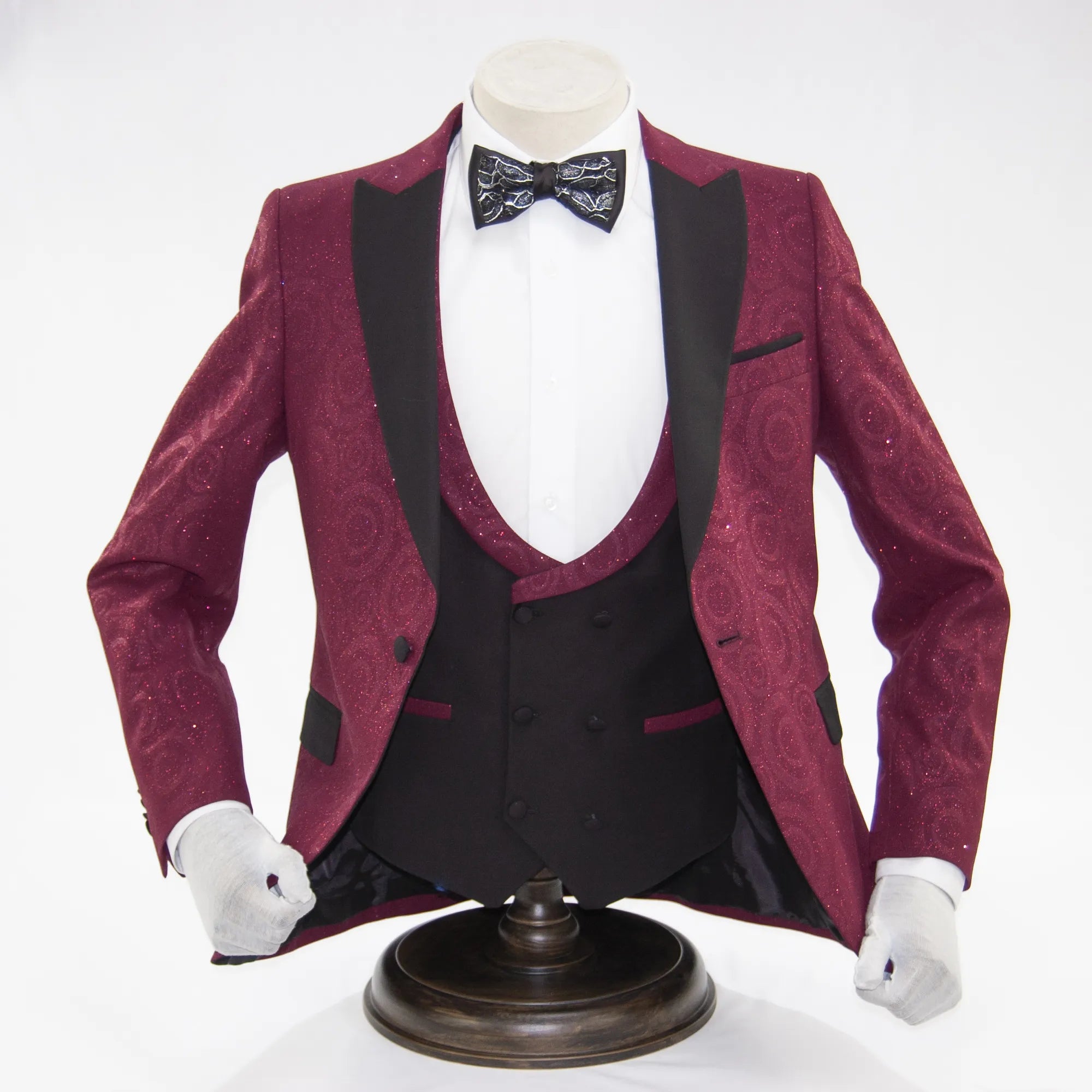 Burgundy Patterned Glitter 3-Piece Slim-Fit Tuxedo