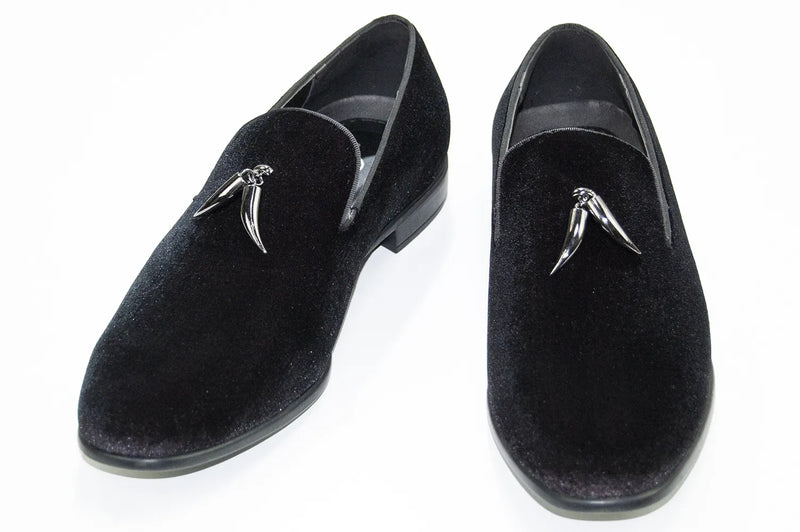 Black Velvet Smoking Loafer with Gunmetal Horn Tassels