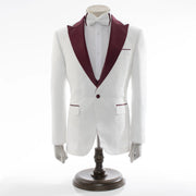 Men's Burgundy And White Tuxedo With Peak Lapel