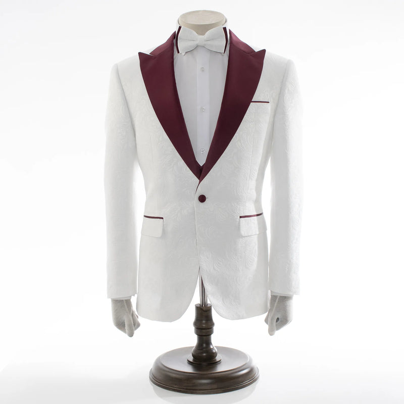 Men's Burgundy And White Tuxedo With Peak Lapel