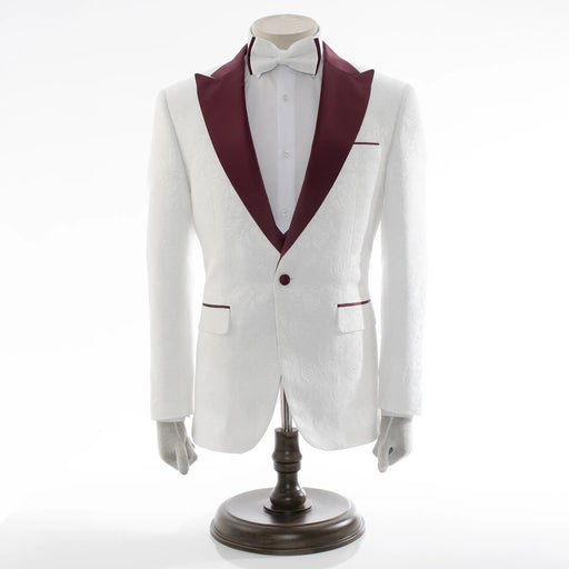 Men's Burgundy And White Tuxedo With Peak Lapel