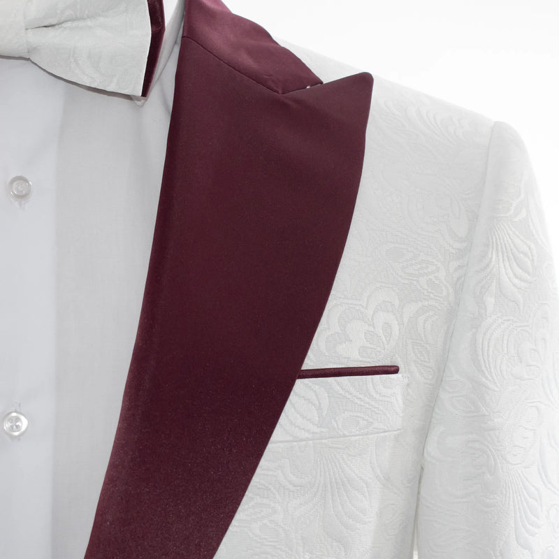 Men's Burgundy And White Tuxedo With Peak Lapel