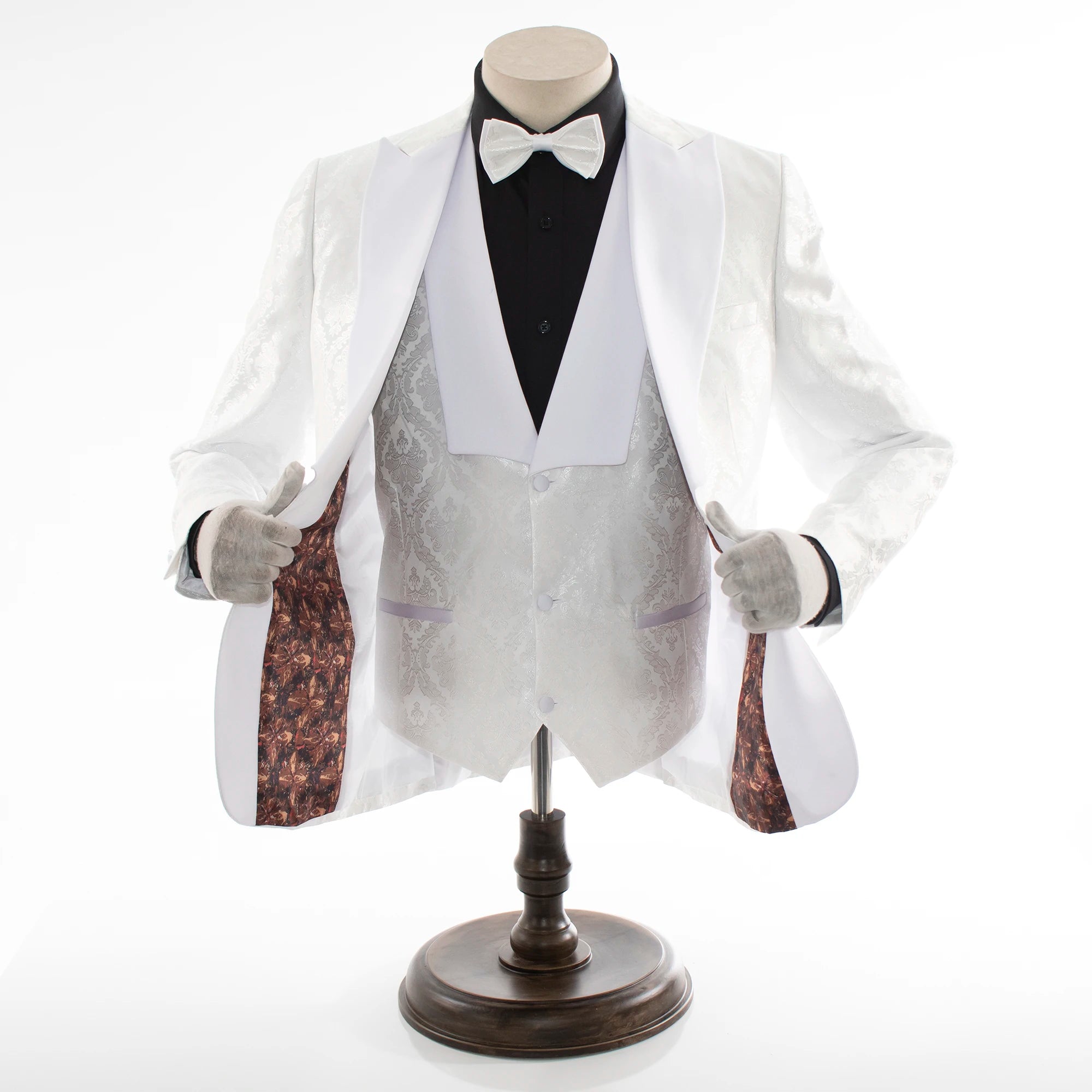 Men's White Damask Floral 3-Piece Tailored-Fit Tuxedo With Peak Lapels And Vest