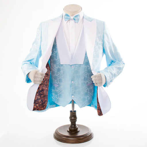 Men's Baby Blue And White Damask Floral 3-Piece Tailored-Fit Tuxedo With Peak Lapels And Vest