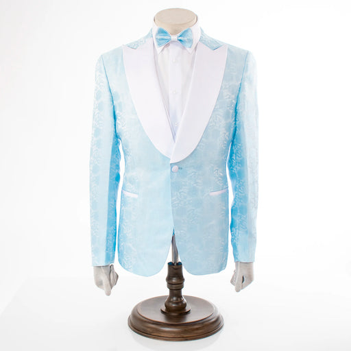 Men's Baby Blue And White Damask Floral 3-Piece Tailored-Fit Tuxedo With Peak Lapels And Vest