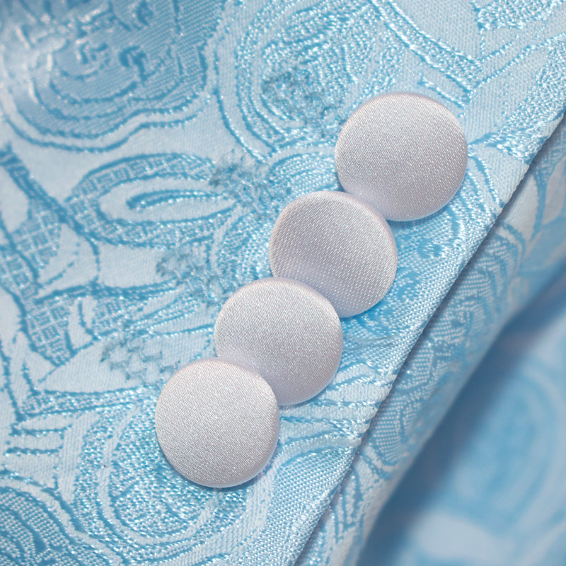 Men's Baby Blue And White Damask Floral 3-Piece Tailored-Fit Tuxedo With Peak Lapels And Vest