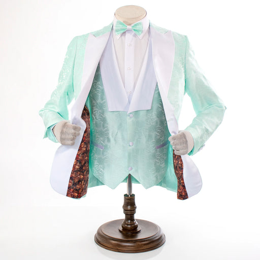 Men's Mint Green And White Damask Floral 3-Piece Tailored-Fit Tuxedo With Peak Lapels And Vest