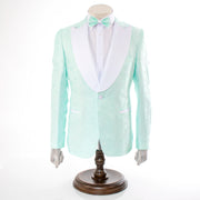 Men's Mint Green And White Damask Floral 3-Piece Tailored-Fit Tuxedo With Peak Lapels And Vest